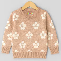 KUCHIPOO Fleece Knit Full Sleeves Floral Printed Light Winter Sweatshirt - Light Brown-image-7