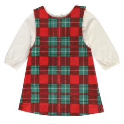 MINI KLUB Cotton Checked & Sequins Embellished Pinafore Dress With Full Puffed Sleeves Top - White Red & Green image 2