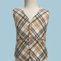 Radutu Full Sleeves Checked 3 Piece Party Suit Set With Bow - Mustard & Navy Blue image 2