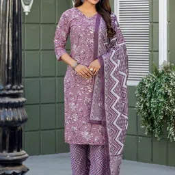 ARADHNA Women Floral Printed Pure Cotton Kurta with Trousers & With Dupatta-picture-15