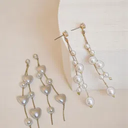 Krelin Set Of 2 Gold-Plated Pearls Beaded Heart Shaped Drop Earrings-picture-24