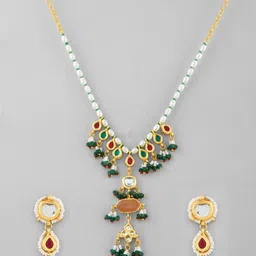 DASTOOR Gold Plated Kundan Studded & Beaded Jewellery Set image 2