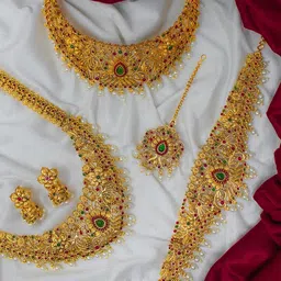 NAGNESHI ART Gold-Plated Artificial Stone-Studded & Beaded Temple Jewellery Set image 5