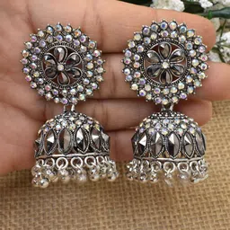 MEIRA JEWELLERY Brass-Plated Artificial Stones Studded Oxidised Dome Shaped Jhumkas-picture-35