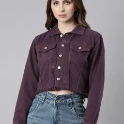 SHOWOFF Purple Regular Fit Crop Denim Jacket-image-38