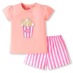 Babyhug Cotton Knit Half Sleeves Night Suit With Pop Corn Print & Applique - Peach & Pink-picture-16