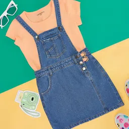 Pantaloons Junior Cotton Pockets Detailed Dungaree With Half Sleeves Solid Top Set - Blue & Peach-image-88
