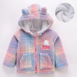 Kookie Kids Full Sleeves Checkered Winter Jacket with Fur Detailing & Ear Applique - Pink & Blue-image-23