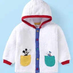 Babyhug Disney Woven Full Sleeves Hooded Fur Jacket with Mickey Mouse & Friends Patch Detailing - White-picture-38