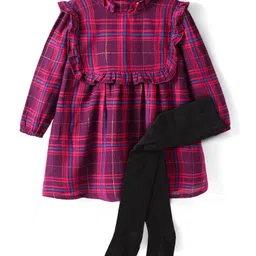 Babyhug Cotton Woven Full Sleeves Checkered Frock with Leggings - Red-picture-22
