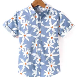 JASH KIDS Cotton Woven Half Sleeves Floral Printed Shirt - Light Blue-picture-32