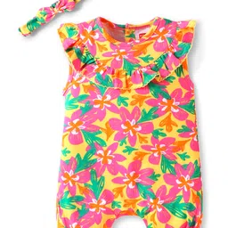 Babyhug Cotton Knit Frill Sleeves Mid Thigh Romper & Hairband with Floral Print & Frill Detailing -Pink & Yellow-picture-23