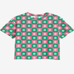 Bonkids Cotton Knit Half Sleeves Checked & Floral Printed Oversized Tee - Off White-picture-16