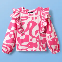 Pine Kids Cotton Knit Full Sleeves Top with Frill Detailing & Abstract Print - Pink & White-image-61