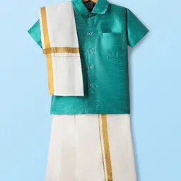 Dapper Dudes Half Sleeves Textured Shirt With Mundu & Geometric Foil Printed Angavastram Set - Bottle Green-picture-24