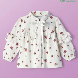 Babyoye 100% Cotton Knit Full Sleeves Floral Printed Top with Frill Detailing - White-picture-13