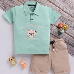 TOONYPORT Cotton Knit Half Sleeves Safe & Peaceful Text Printed Polo Tee & Shorts Set - Green-picture-27