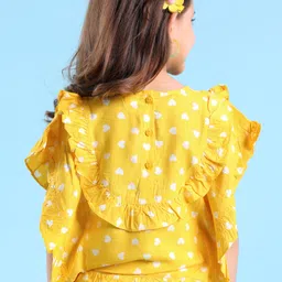 Babyhug Rayon Half Sleeves Kimono Woven Top With Heart Print and Frills Detailing - Yellow image 2