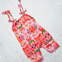 KNITROOT Cotton Blend Woven Full Sleeves Floral Printed Gota Lace Embellished Coordinating Kurti Pants Set - Pink image 3