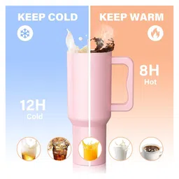 House of Quirk 1200ml Stainless Steel Tumbler Hot and Cold with Handle and Lid 2 Straw -Misty Rose image 3