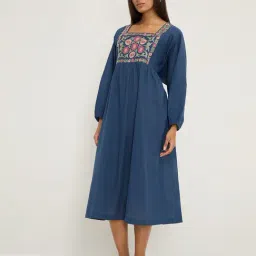 Utsa by Westside Indigo Floral Embroidered Cotton A-Line Dress-picture-10