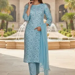 SZN Women Floral Printed Regular Thread Work Kurta with Trousers & With Dupatta image 4