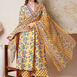 GoSriKi Floral Printed V Neck Anarkali Kurta With Palazzos & Dupatta image 5
