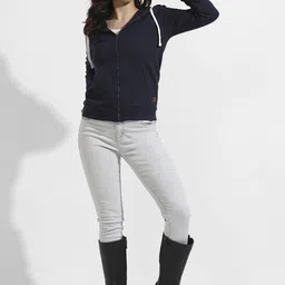 Campus Sutra Women Solid Hooded Long Sleeves Cotton Front-Open Sweatshirt image 4