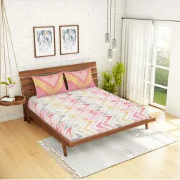 Spaces Atrium Pink & Grey Cotton 144 TC Bed Sheet Set image 1