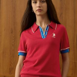 U.S. Polo Assn. Women Solid Polo Collar Pure Cotton Relaxed Fit T-shirt-picture-39