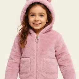 Babyhug Full Sleeves Fur Hooded Winter Jacket with Ears Applique - Light Pink-picture-10