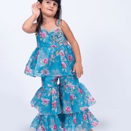 Twisha Sleeveless Floral Printed Layered Sequins & Lace Embellished Top With Sharara - Blue-picture-16