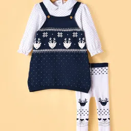 ToffyHouse 100% Cotton Knit Full Sleeves Winter Wear Polka Dots Printed Peter Pan Collared Top with Deer DesignedSweater Dress & Stockings - Navy Blue-picture-11