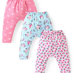 Babyhug Cotton Knit Full Length Diaper Leggings With Floral & Butterflies Print Pack Of 3 - Pink Blue & Light Pink-picture-29