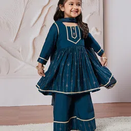 Vastramay Silk Full Sleeves Abstract Foil Printed & Lace Embellished Anarkali Kurta Palazzo With Dupatta Set - Turquoise-picture-16