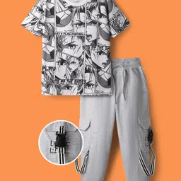 OLLINGTON ST. Cotton Knit Half Sleeves Printed T-Shirt & Knit Joggers Set - Multicolor & Off White-picture-24