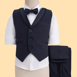 Robo Fry Cotton Woven Full Sleeves Solid 3 Piece Party Suit With Bow - Navy Blue & White-picture-21