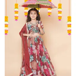Bitiya By Bhama Silk Woven Three Fourth Sleeves Floral Printed Gota Lace Embellished Coordinating Lehenga Choli With Dupatta Set - Maroon-image-84