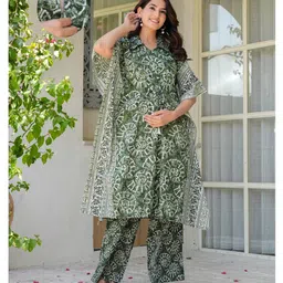 Aujjessa Cotton Woven Half Batwing Sleeves Sea Shells Printed Maternity Kurti With Front Open Nursing Access & Coordinating Pant Set - Olive Green-picture-24