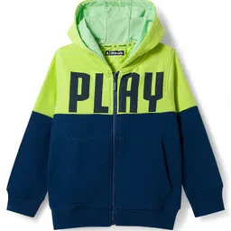 Pine Kids Knit Full Sleeves Hooded Sweatjacket with Play Text Print & Kangaroo Pockets - Navy Blue & Limegreen-image-92