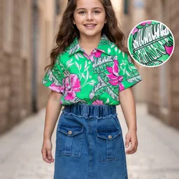 OLLINGTON ST. Cotton Half Sleeves Printed Top & Stretchable Denim Skirt - Multicolor & Blue-picture-10