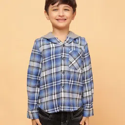 Tales & Stories Cotton Woven Full Sleeves Plaid Checked Hooded Shirt - Blue-picture-34