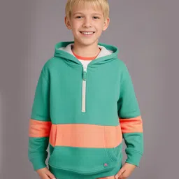 Cherry Crumble By Nitt Hyman Cotton Blend Knit Full Sleeves Colour Blocked Winter Hooded Sweatshirt - Green Coral-picture-40