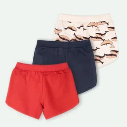 Ariel Cotton Knit Pack Of 3 Whales & Super Girl Text Printed Shorts - Peach Navy Blue & Red image 3