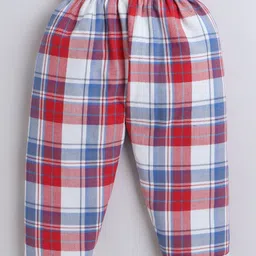 Knitting Doodles Pure Cotton Woven Full Sleeves Aeroplane Patch Detailed Checked Coordinating Night Suit Set - Red & Blue image 5