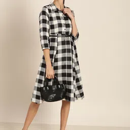 her by invictus Women Black & Cream-Coloured Checked Pure Cotton A-Line Dress image 5