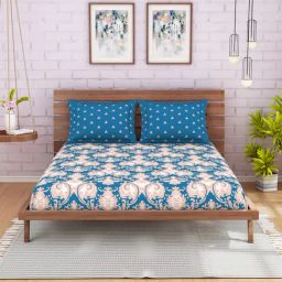 Spaces Blue 144 TC Cotton Double Bed Sheet with Pillow Cover-picture-41