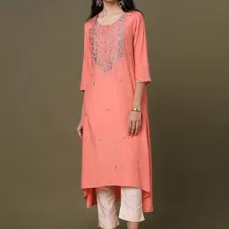 Marigold Lane Peach Embroidered High Low Kurta-picture-27