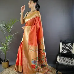 Elora Orange Silk Zari Weaving Saree With Unstitched Blouse image 3