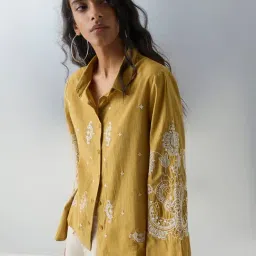 Bombay Paisley by Westside Mustard Embroidered Cotton Shirt-image-62